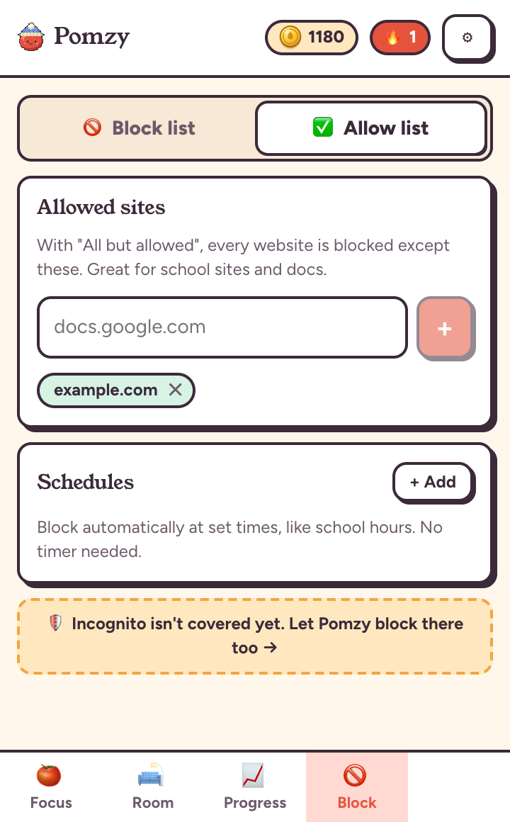 The allow list in the Block tab