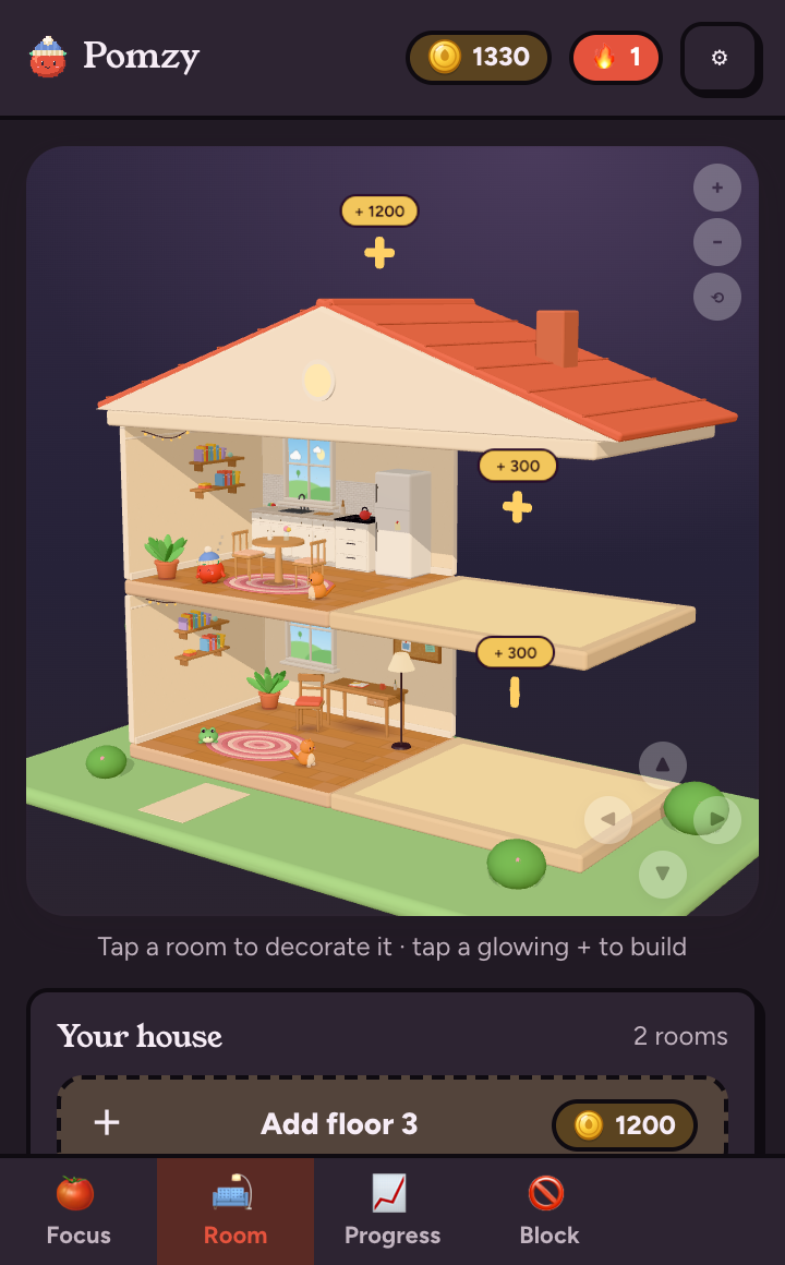 A two-story 3D house with a study and a kitchen