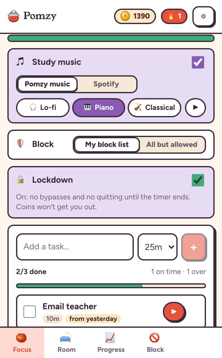 Pomzy's Focus tab with study music and Lockdown options