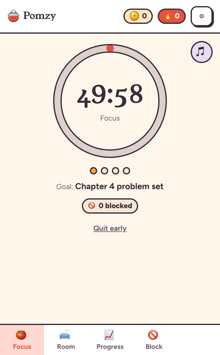 Pomzy's popup showing a 50-minute focus countdown