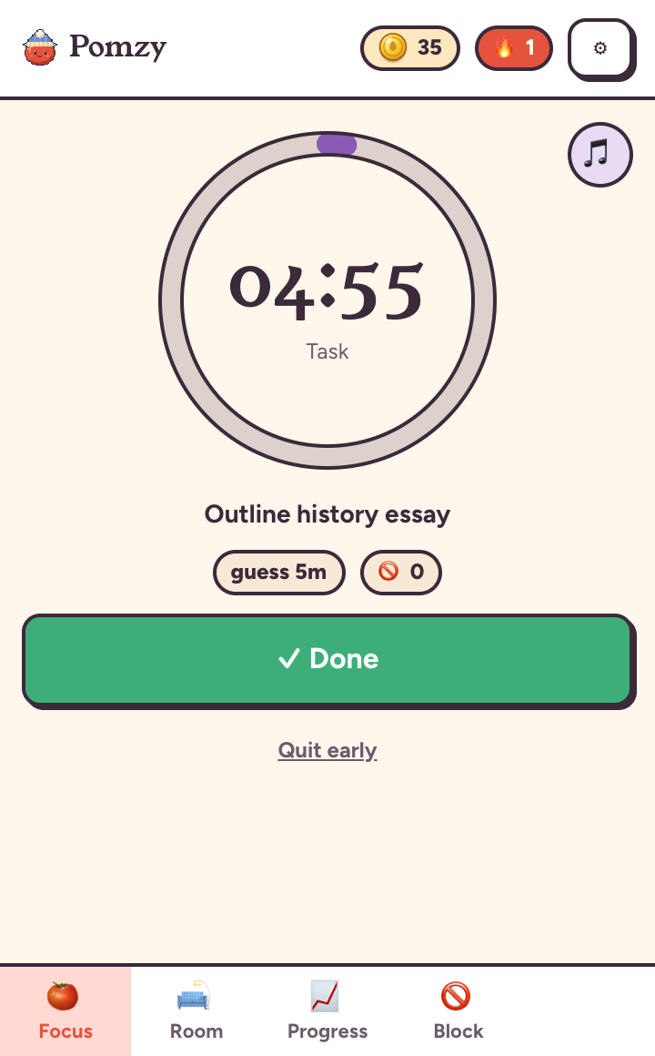 Pomzy's to-do timer with tasks and time guesses
